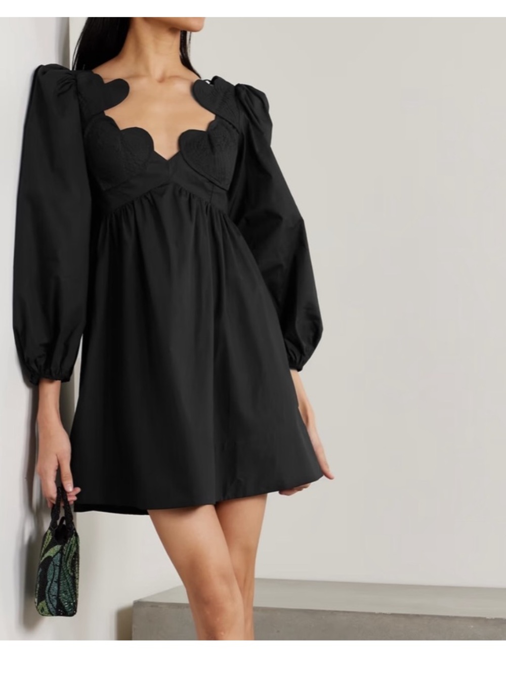 FARM Rio Black Heart-Scallop Puff Sleeve Mini Dress L